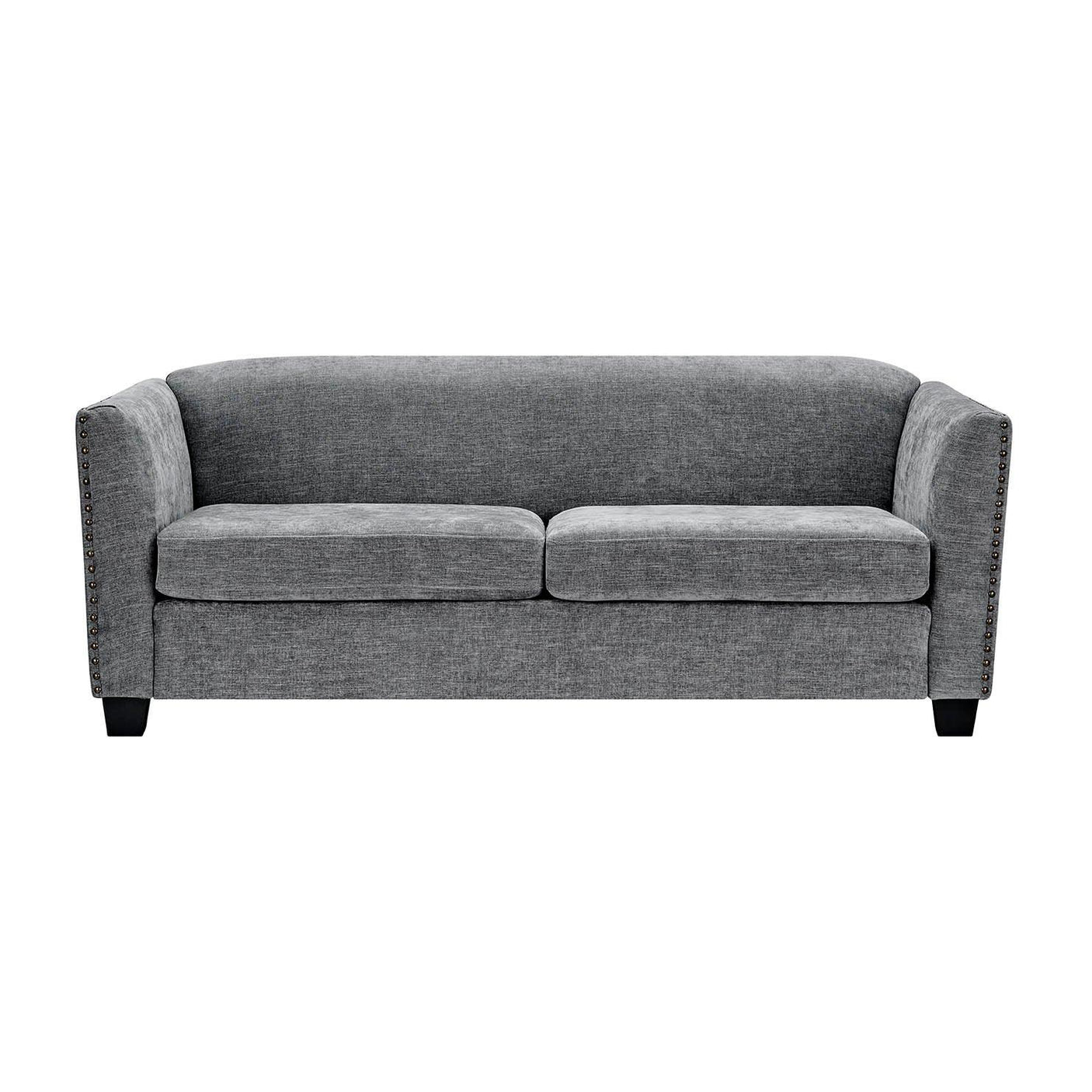 Grey fabric sofa with two seat cushions and studded arms, front view