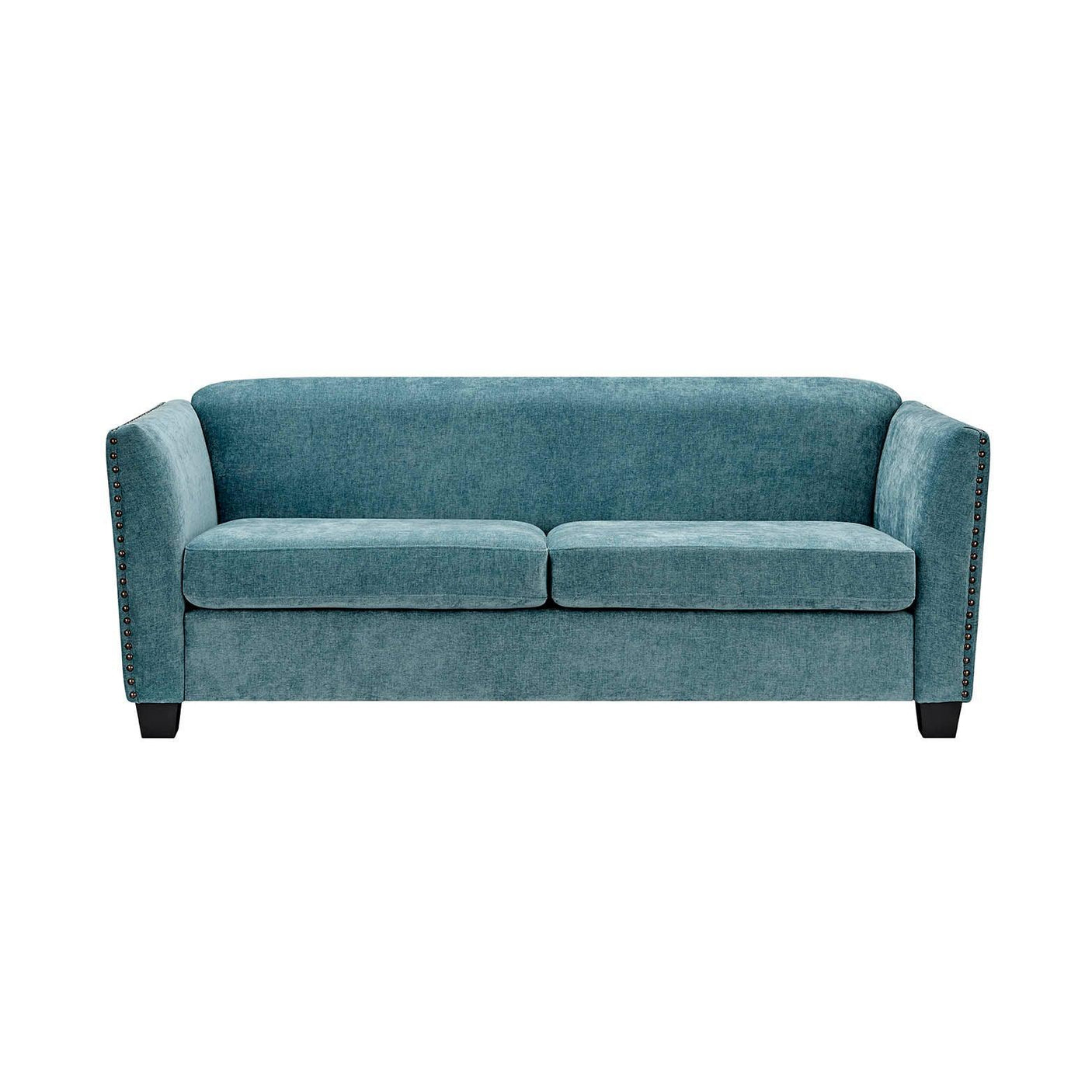 Teal fabric sofa with nailhead trim, straight arms, and black wooden legs, front view