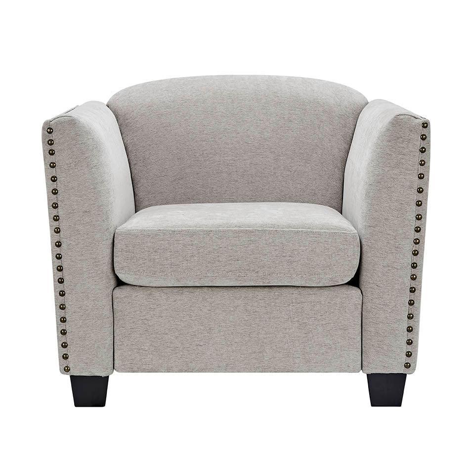 Light grey fabric armchair with nailhead trim and black wooden legs, front view