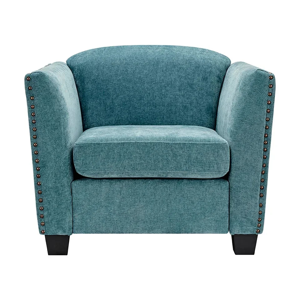 Teal fabric armchair with studded arms and black wooden legs, front view