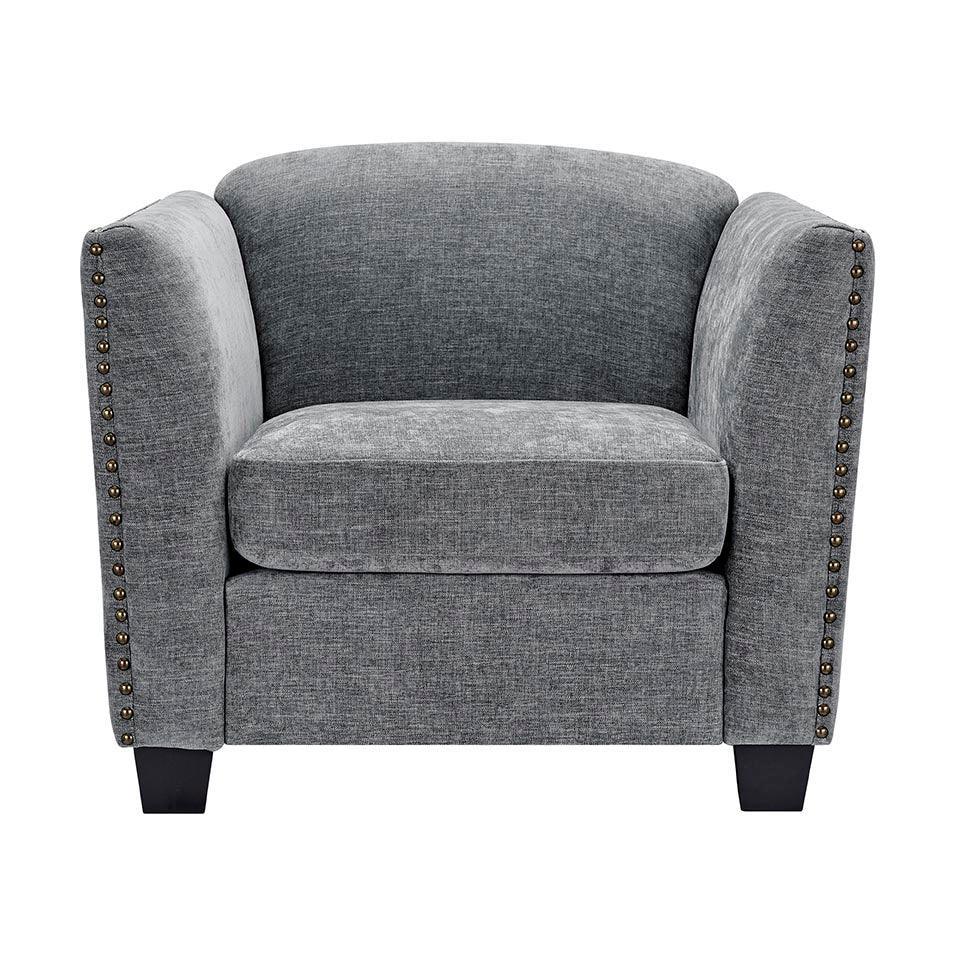 Grey fabric armchair with curved back, studded trim, dark wooden legs, front view