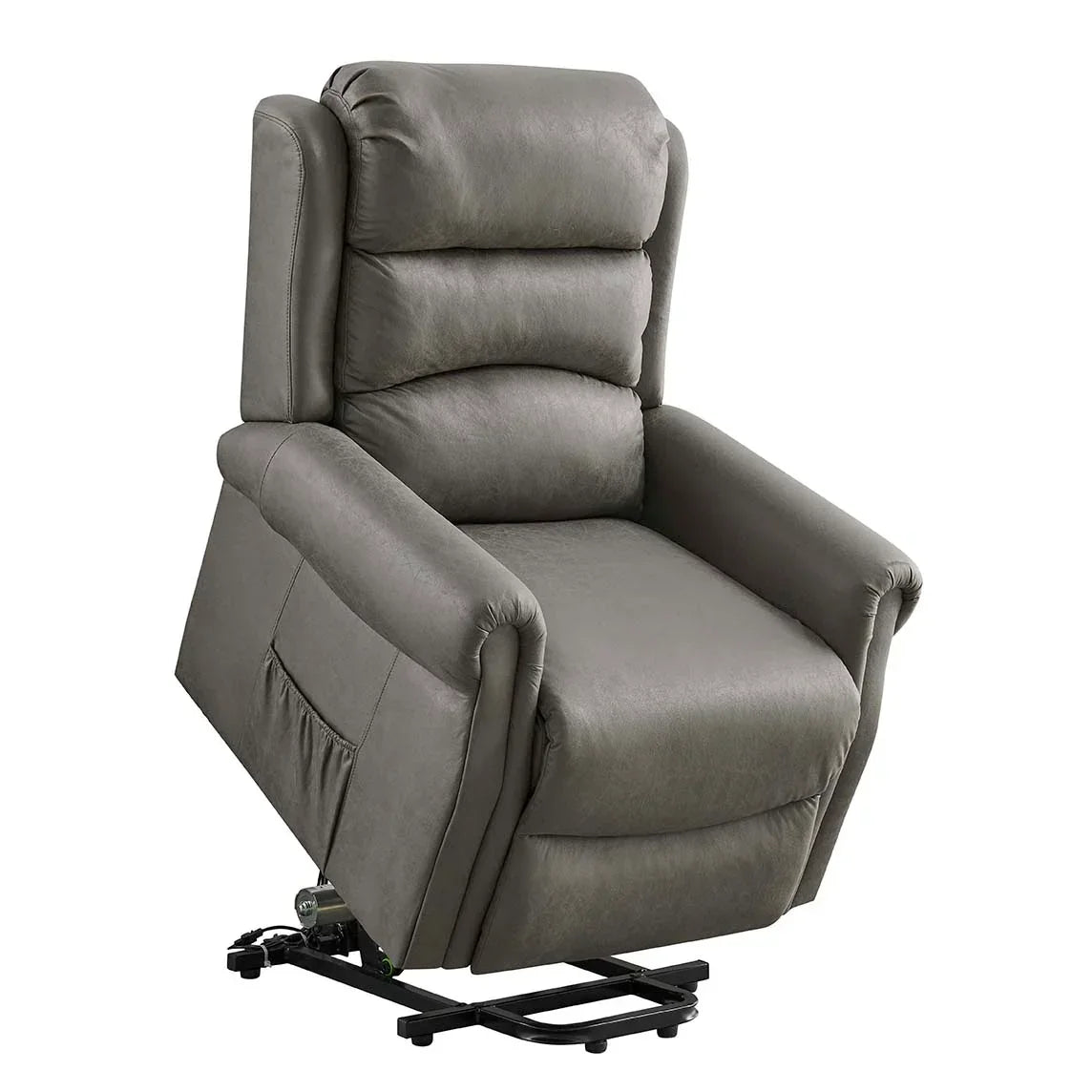 Grey leather recliner chair with electric lift and support cushions, side pocket visible