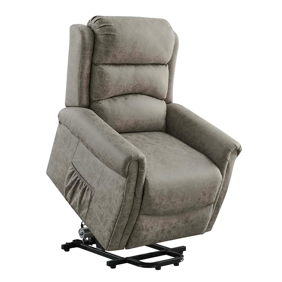 Grey fabric riser recliner chair with padded backrest and side storage pocket
