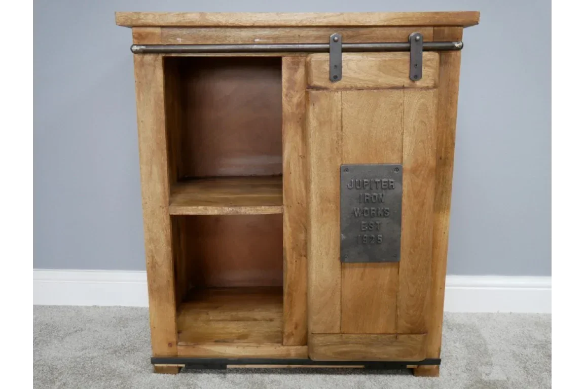 Rustic wood storage cabinet with sliding barn door and two open shelves