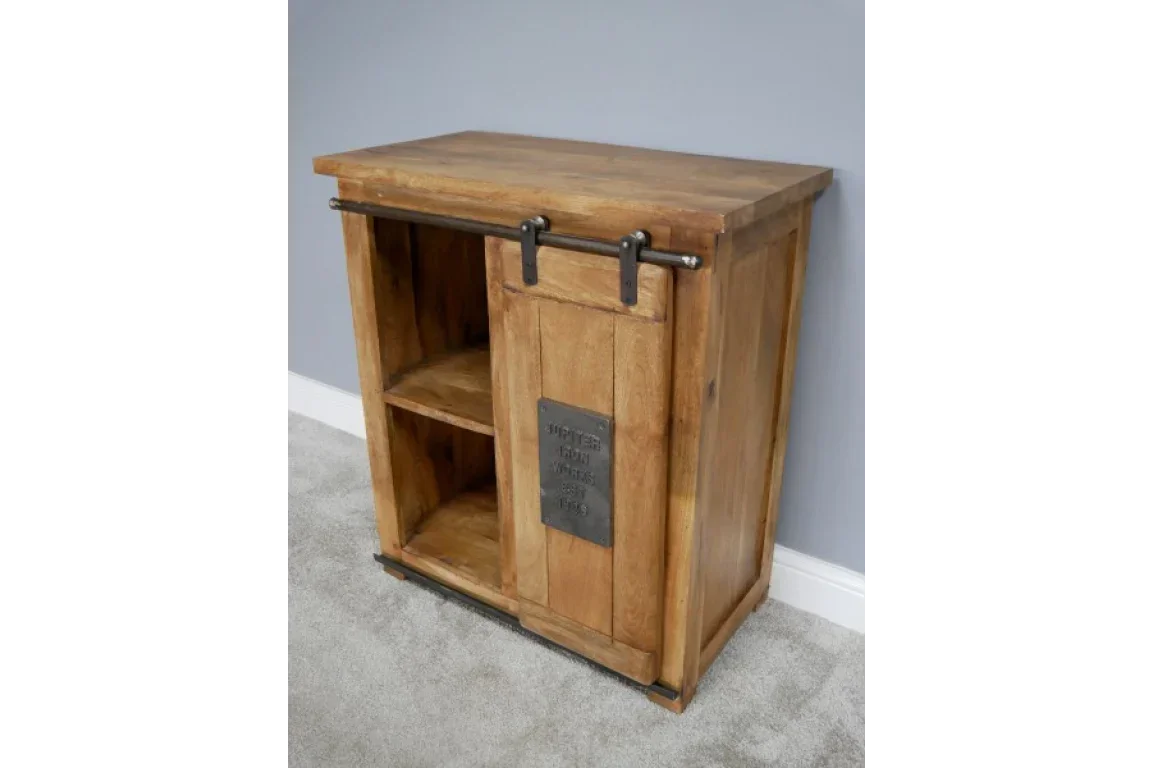 Rustic wooden cabinet with sliding barn door and two open shelves