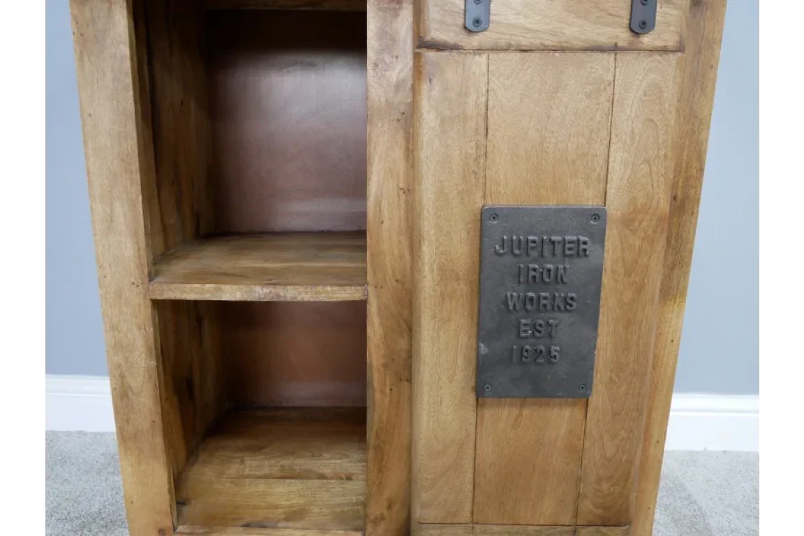 Rustic wooden cabinet with open shelving and metal Jupiter Iron Works plaque