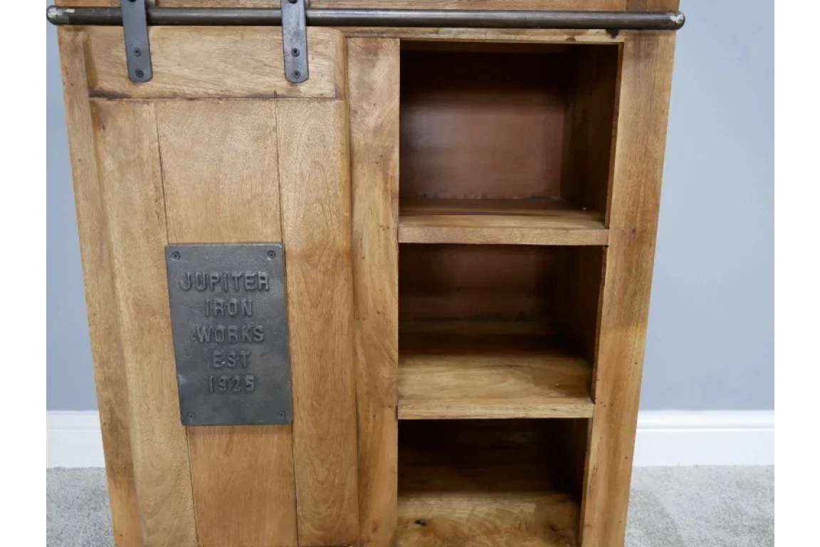 industrial style wooden cabinet with metal sliding door and open shelves