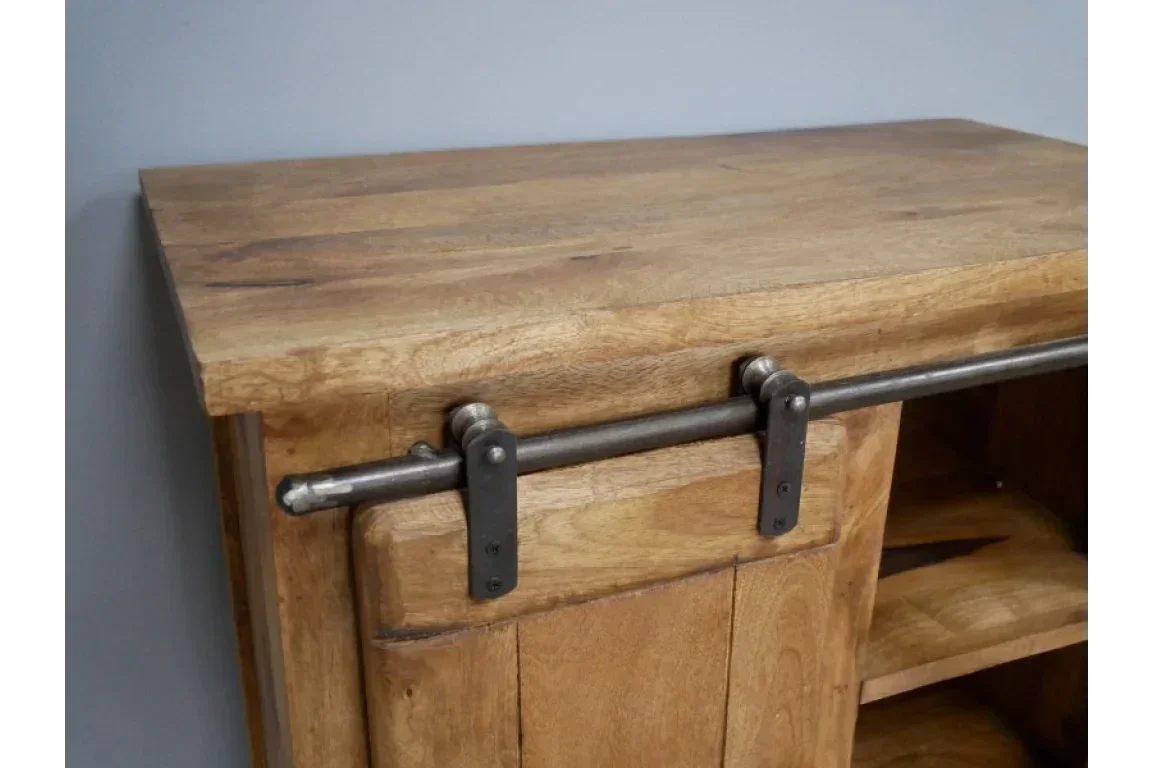 Mango wood cabinet with metal sliding barn door hardware and open shelving