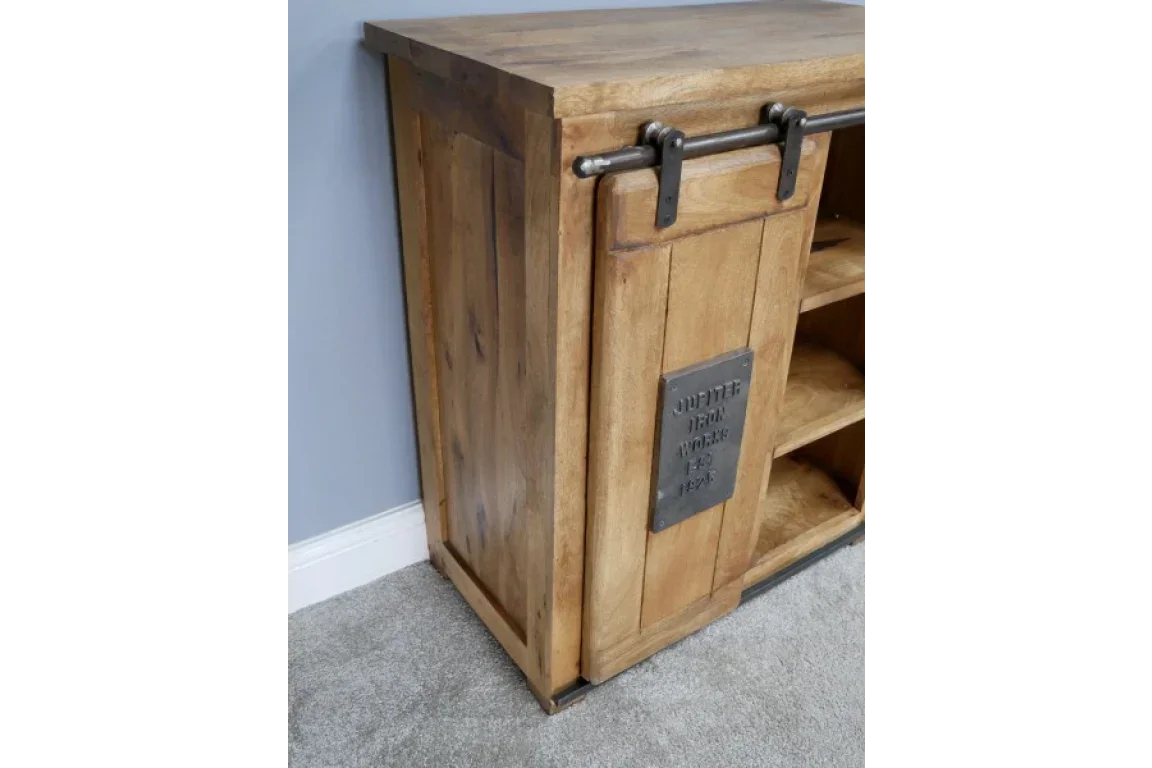 Rustic wooden sideboard with sliding barn door and metal detailing, industrial style furniture