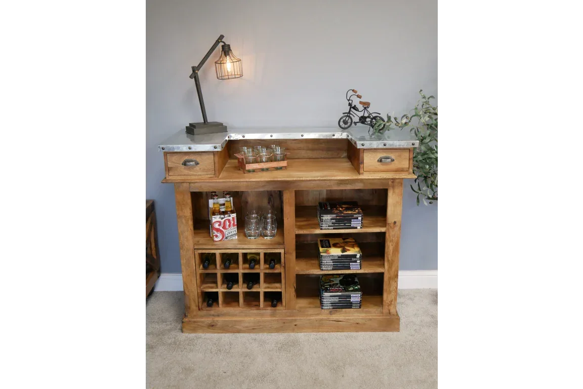 Rustic wooden home bar cabinet with wine rack, open shelves, two drawers and metal top