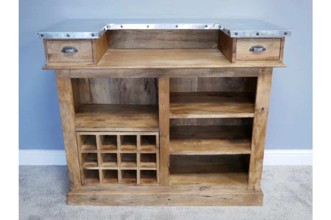 Rustic wooden bar cabinet with two drawers, wine rack, and open shelving