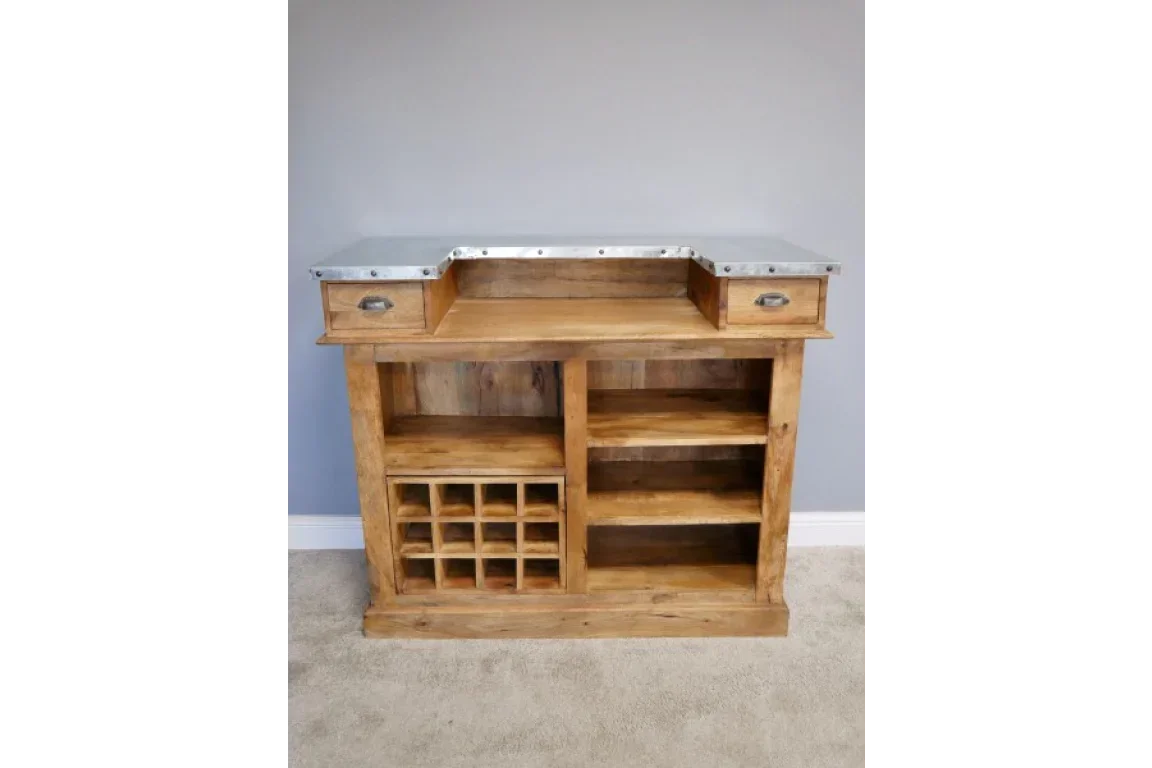 Rustic wooden sideboard with metal top, two drawers, wine rack, and open shelving units