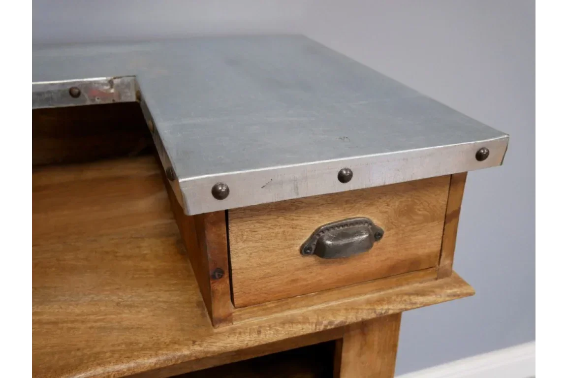 Industrial wood drawer unit with metal top and vintage style handle