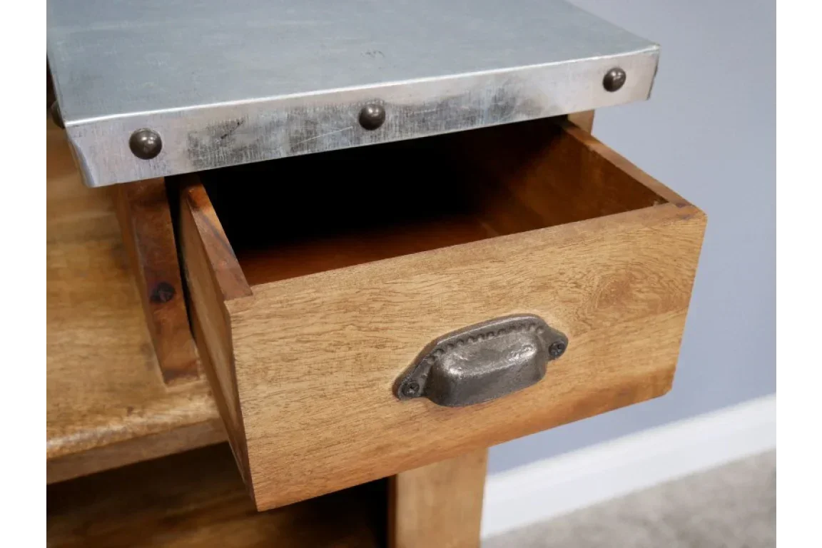 Solid wood drawer with metal cup handle and industrial metal top