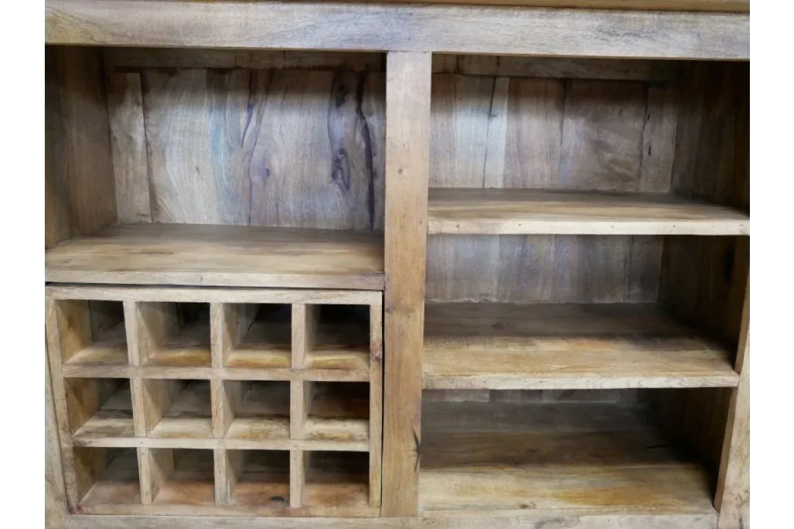 Rustic wooden sideboard with wine rack and open storage shelves