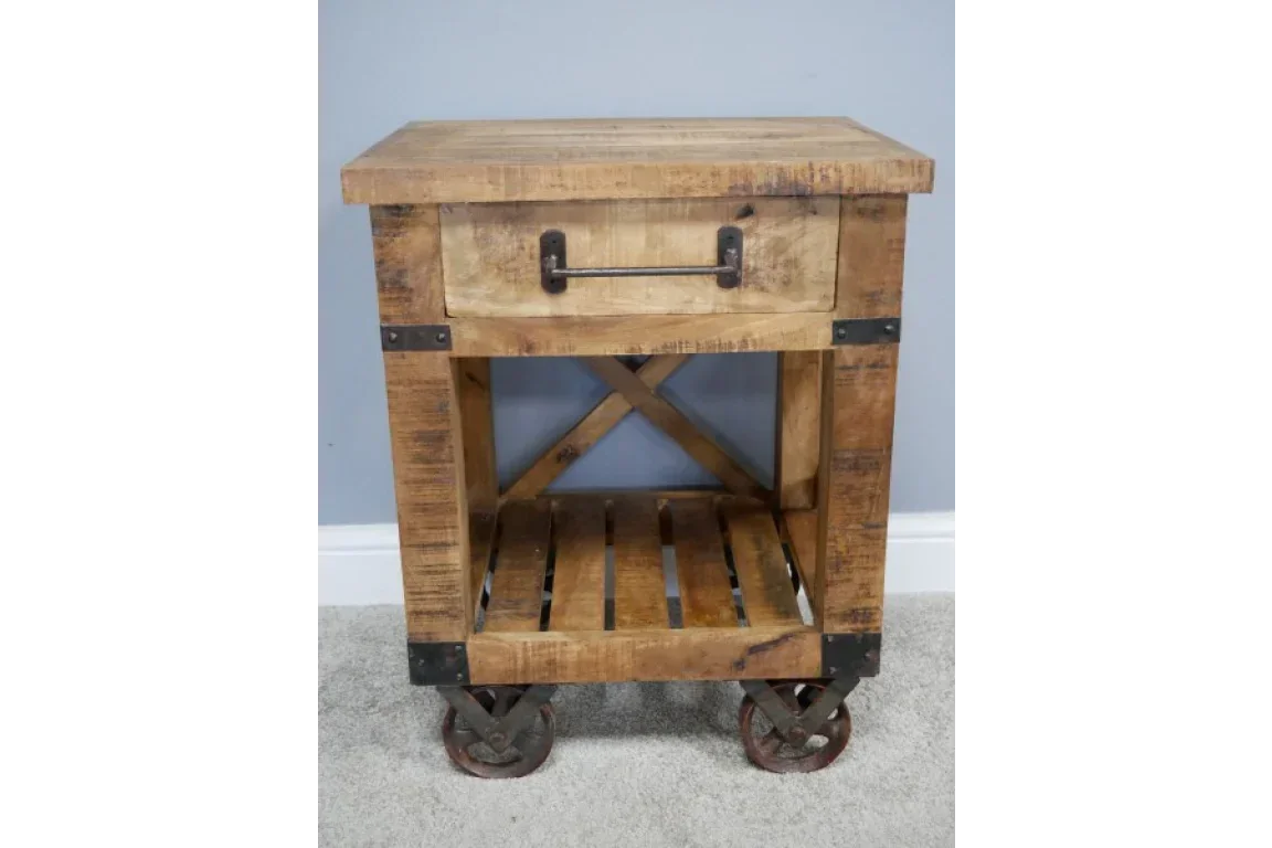 Industrial wood side table with metal handle, single drawer, shelf and metal caster wheels
