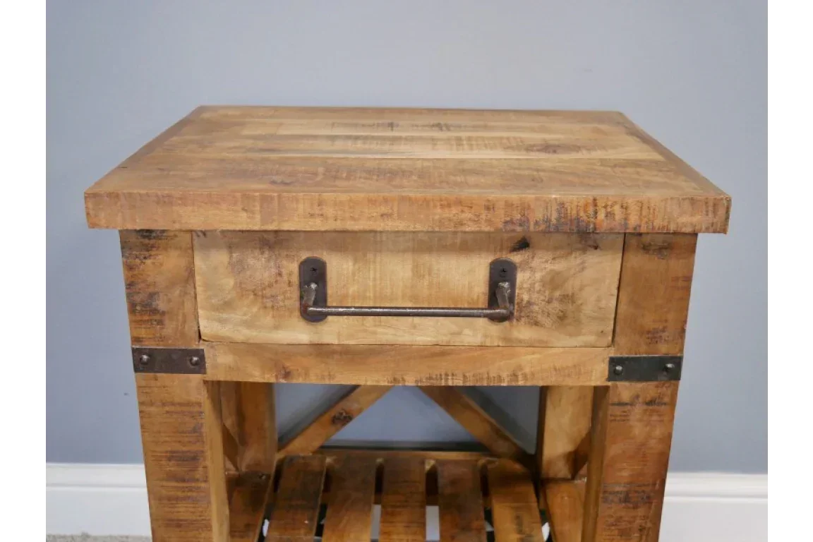Rustic wooden side table with metal drawer handle and lower slatted shelf