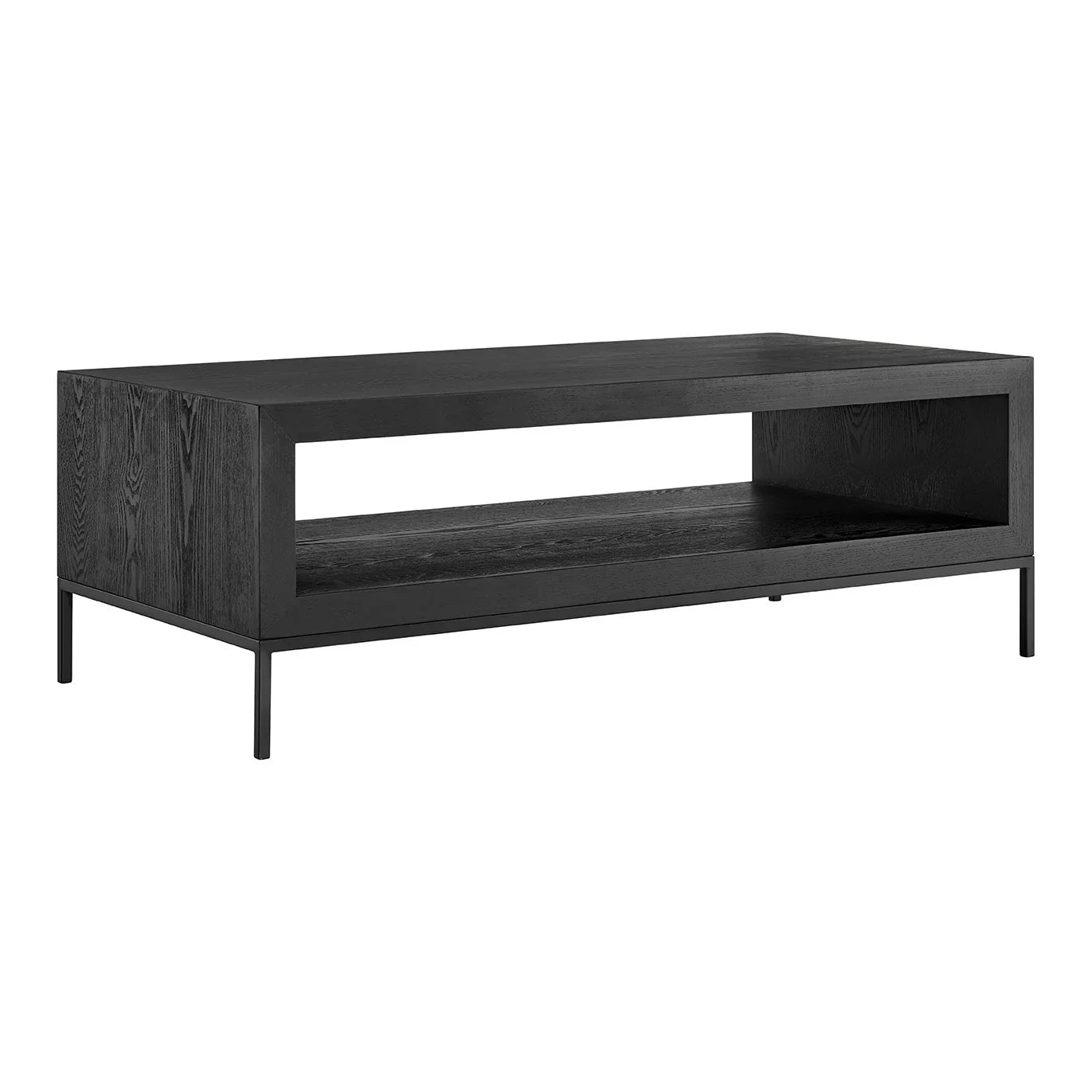 Rectangular black wood coffee table with open shelf and slim metal legs