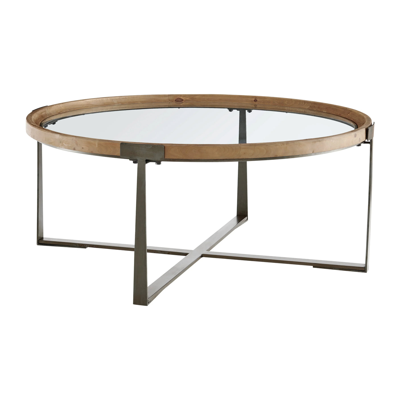 Round glass coffee table with wood rim and metal crossed legs, modern living room furniture