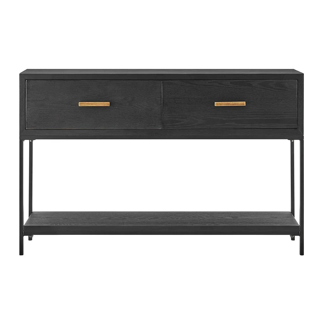Black console table with two drawers, gold handles, and open lower shelf