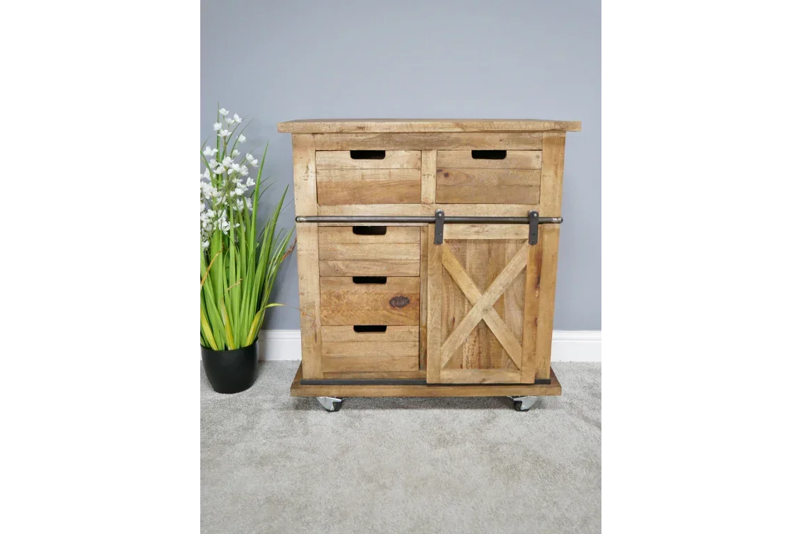 Rustic wooden sideboard with sliding barn door, four drawers, metal rail, and caster wheels
