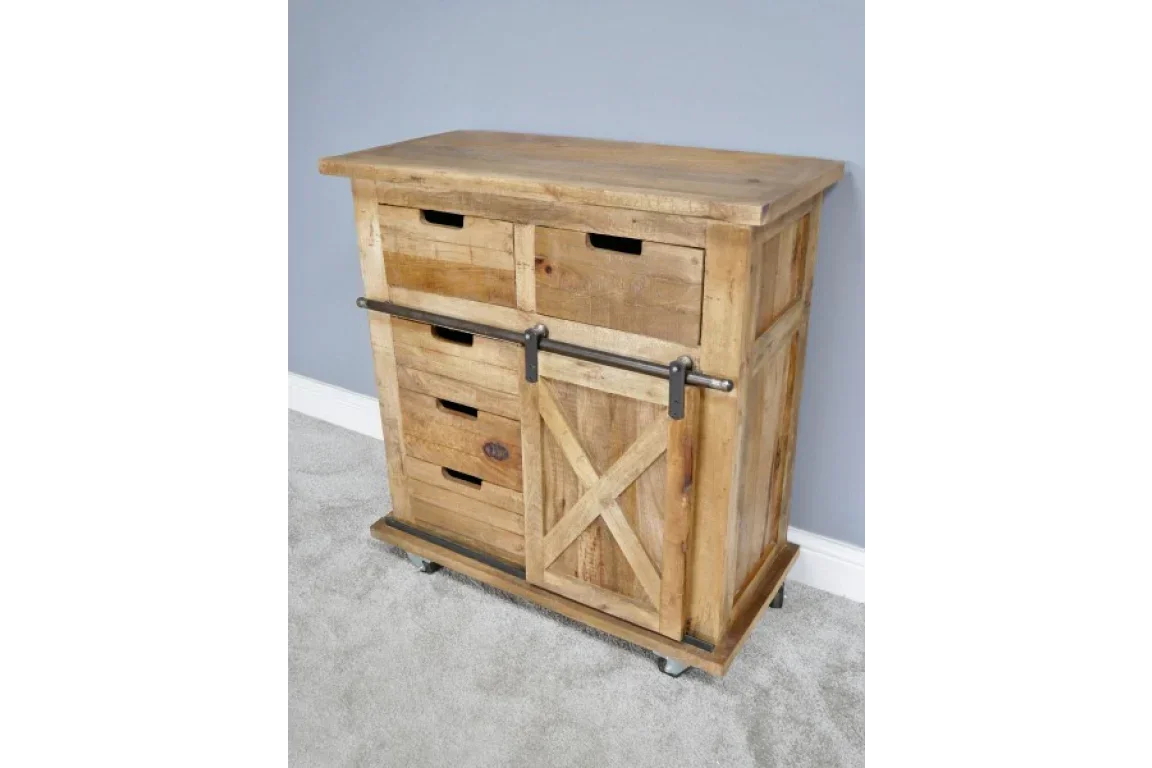 Rustic wooden storage cabinet with sliding barn door and four drawers on metal casters