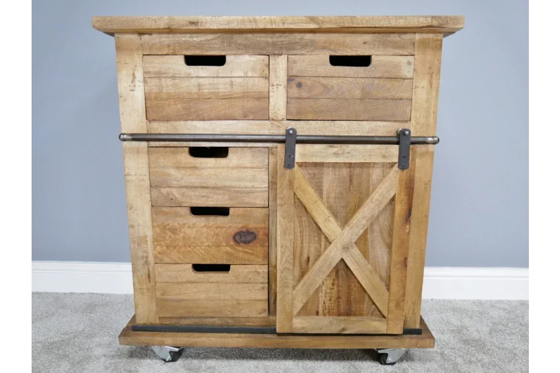 Rustic wooden storage cabinet with sliding barn door and drawers on castor wheels