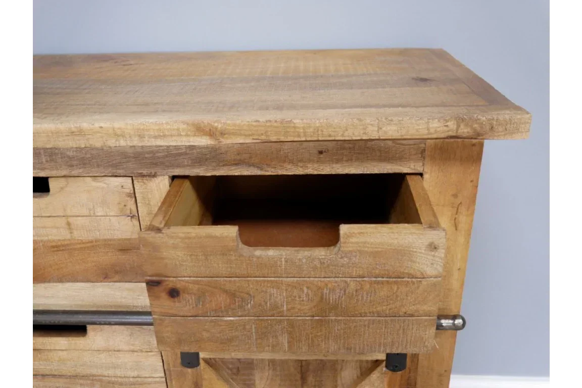 Rustic wooden sideboard with open drawer, showcasing natural grain and metal accents
