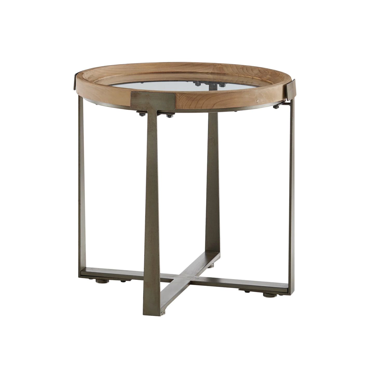 Round glass and wood side table with metal cross base