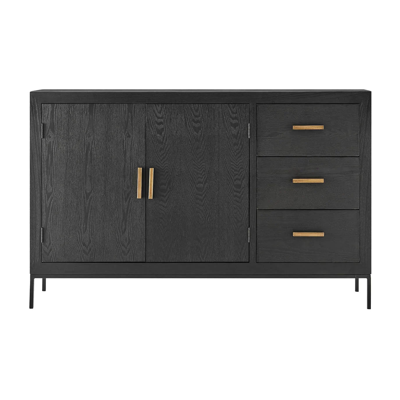 Black wood sideboard with gold handles, two cabinet doors and three drawers front view