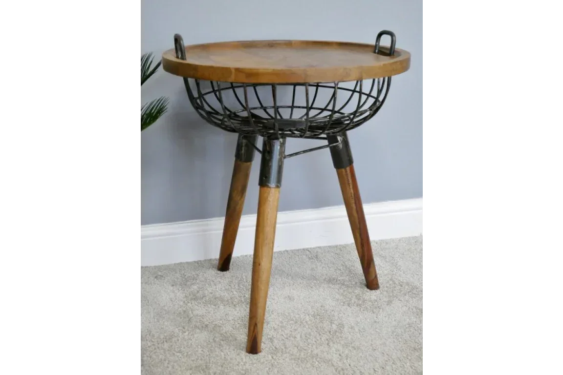 Round wood and metal side table with basket base and three tapered wooden legs