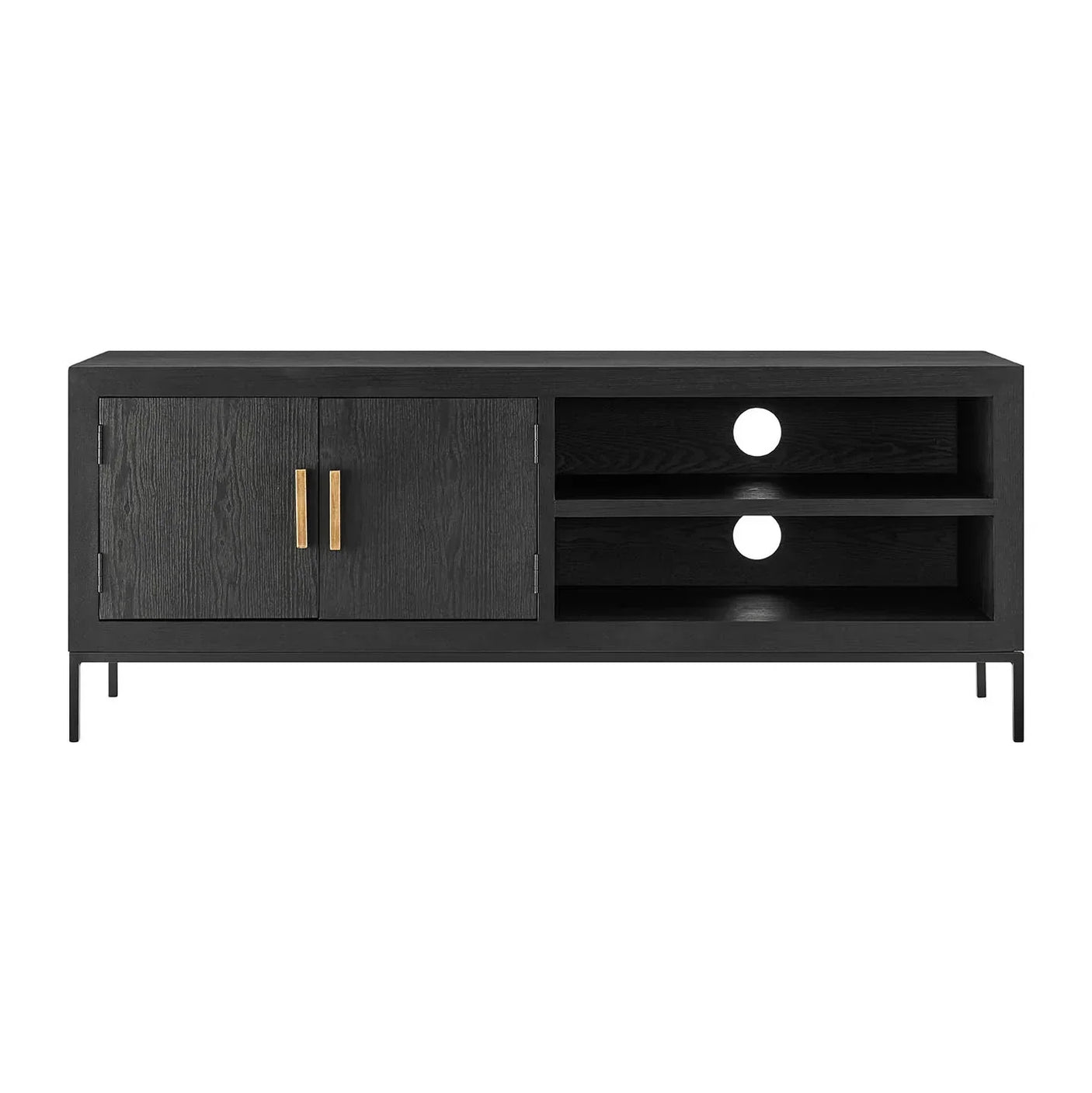Black wooden TV unit with gold handles, open shelving and cable holes, front view