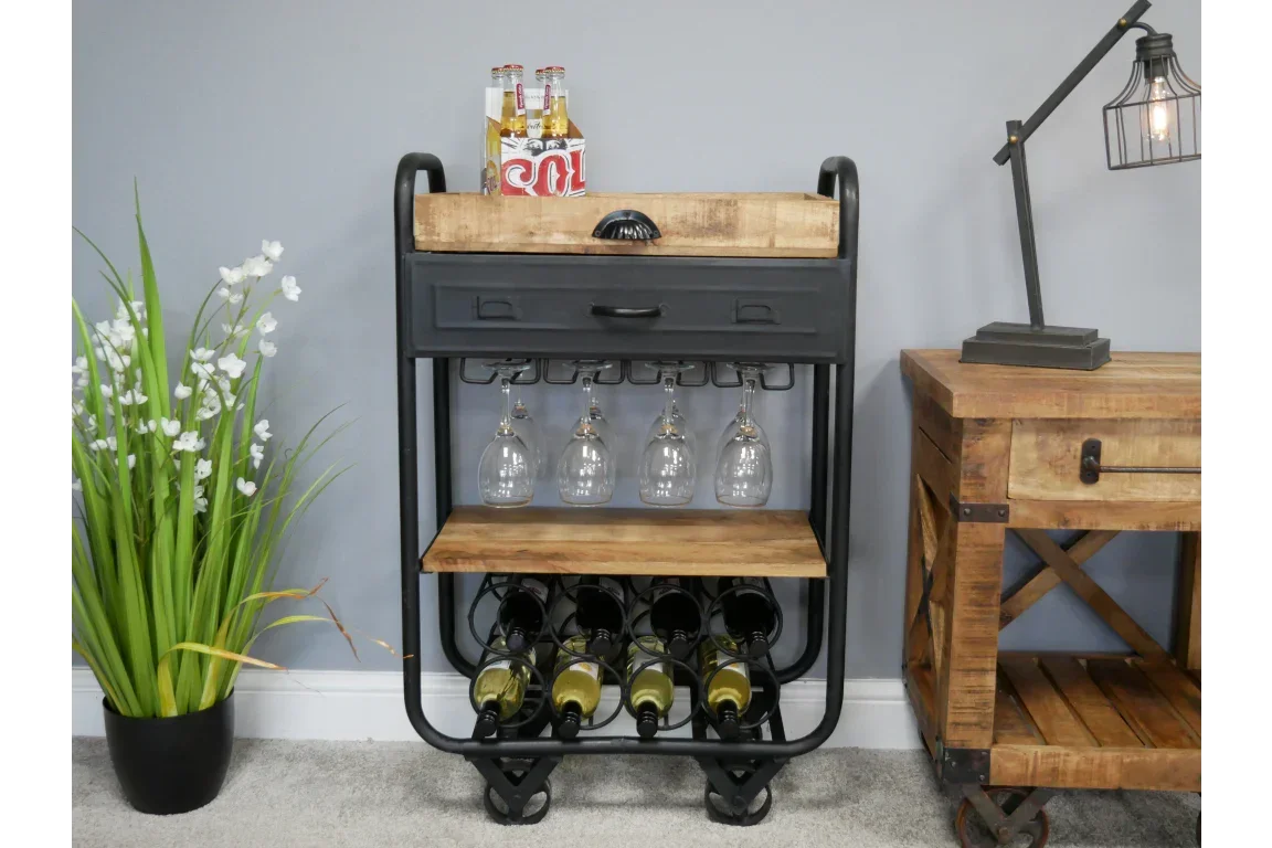 Industrial style black and wood drinks trolley with wine rack, glass holder, and drawer