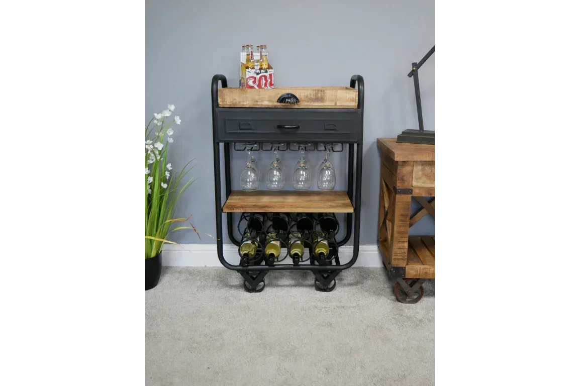 Industrial style bar cart with wooden shelves, wine rack, glass storage and bottle display