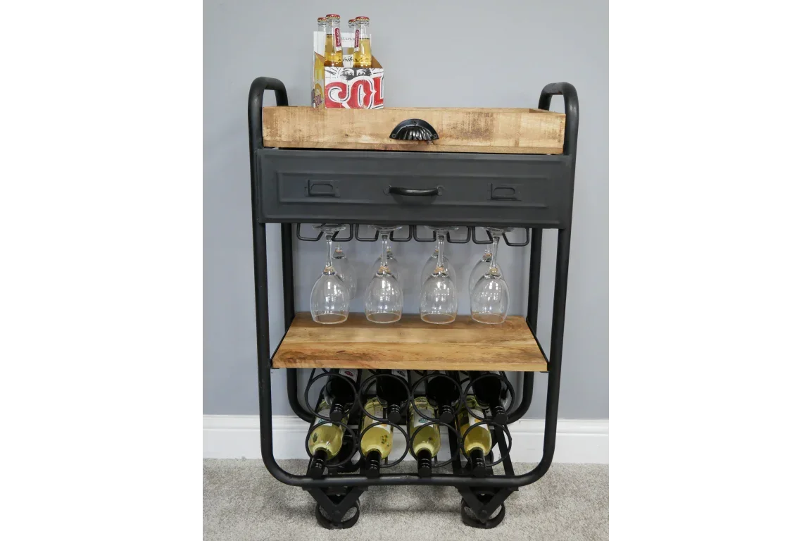 Industrial style bar cabinet with black metal frame, wood shelves, wine bottle rack, and glass holders