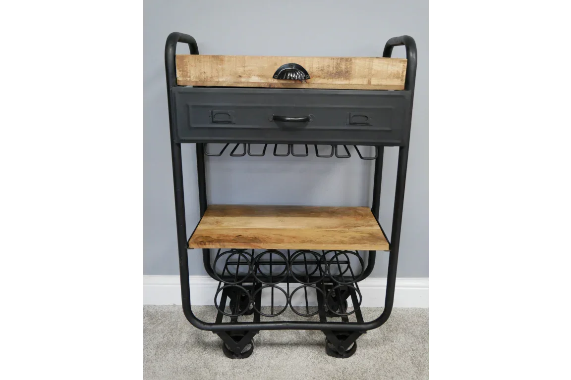 Industrial bar cart with metal frame, wooden shelves, wine rack and drawer, front view