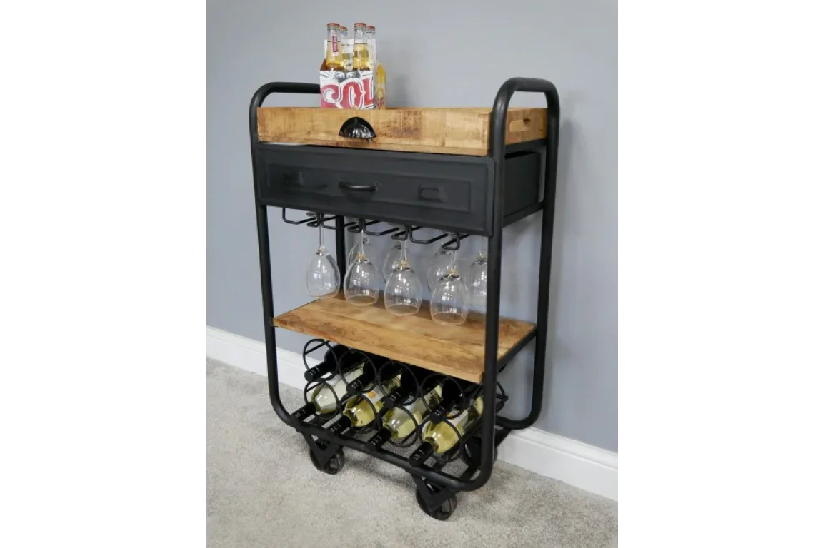 Industrial bar cart with wood shelves, wine bottle rack, glass holders, and drinks on top