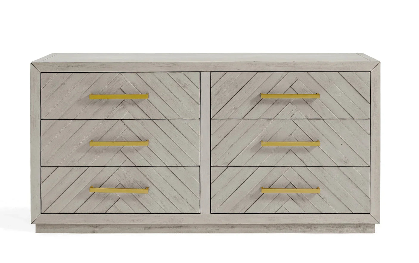 Light wood chest of drawers with chevron pattern and gold handles, front view