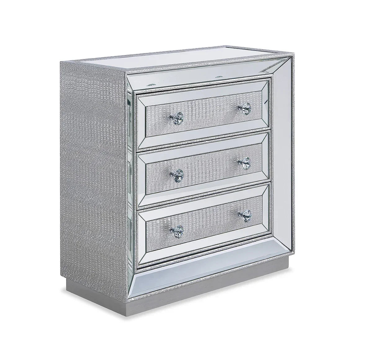 Mirrored three drawer chest with crystal handles and silver textured finish
