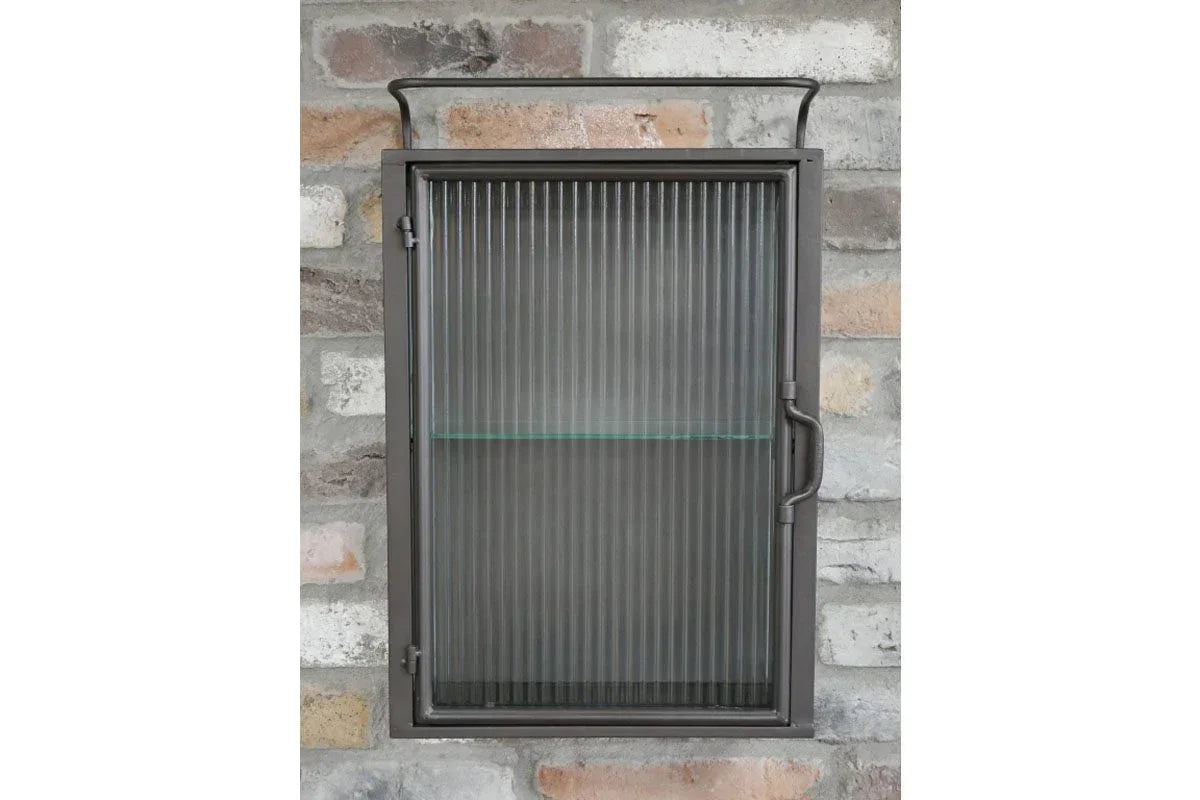 Wall mounted metal and glass cabinet with ribbed door and single shelf