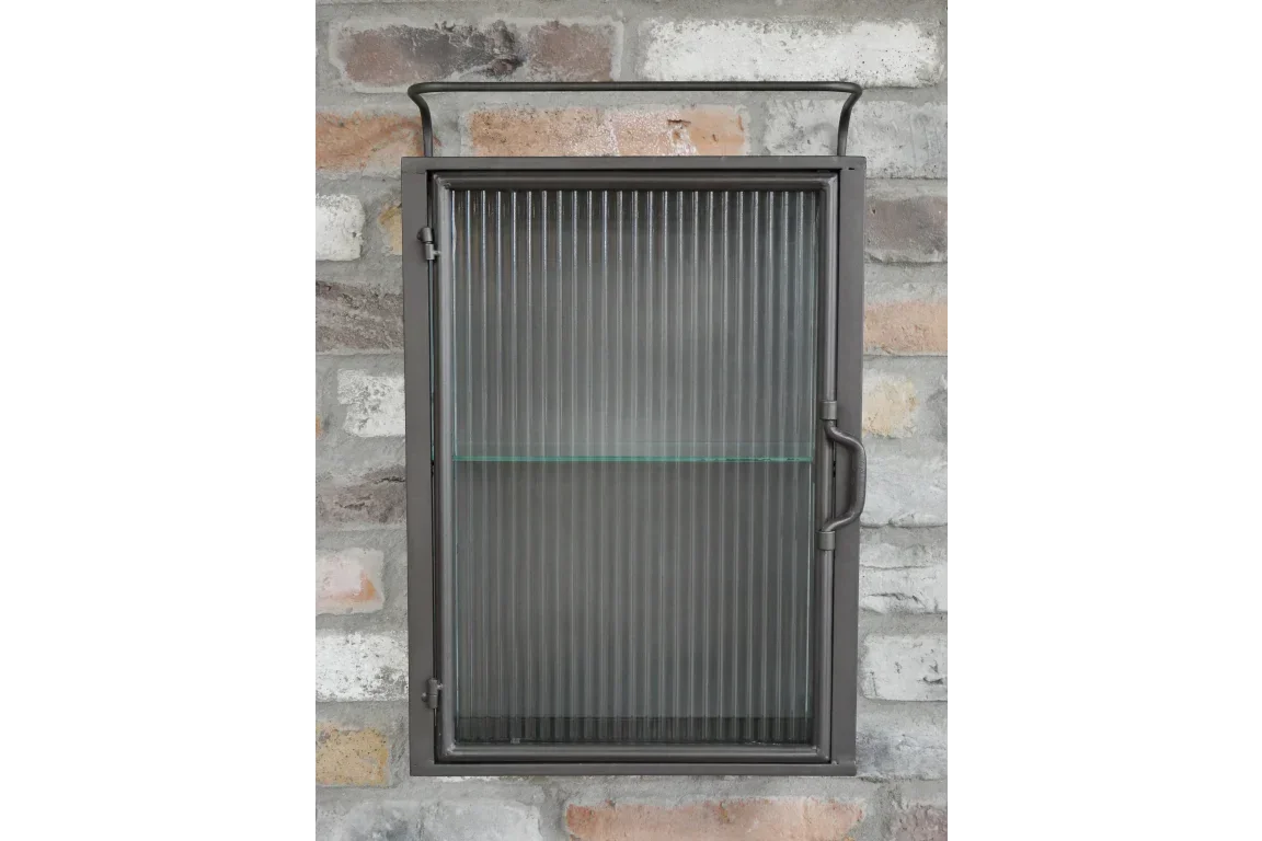 Wall mounted metal display cabinet with ribbed glass door and handle