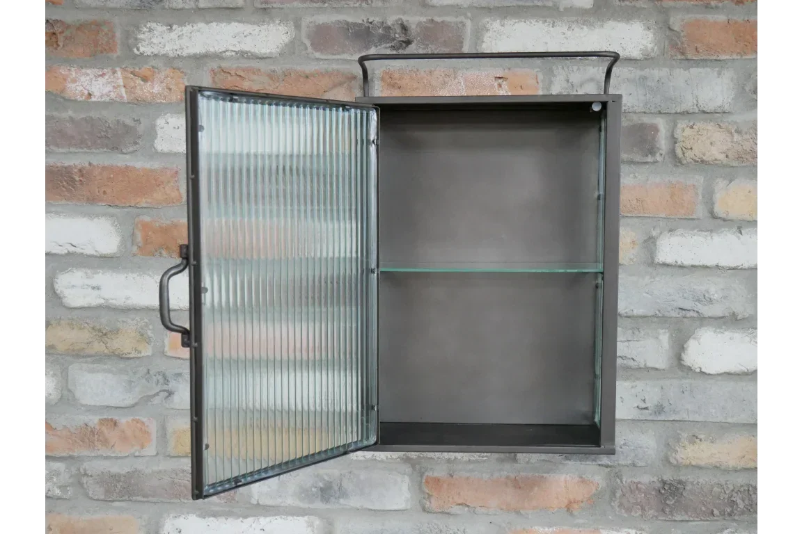 Wall mounted metal display cabinet with ribbed glass door and single internal shelf