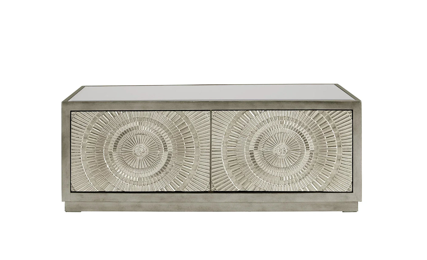 Silver coffee table with textured sunburst front panels and mirrored top, front angle view