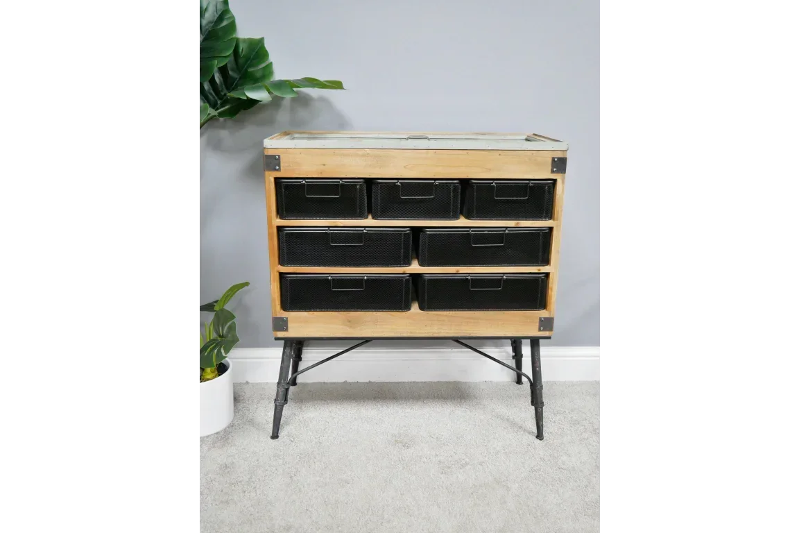Industrial storage cabinet with six black mesh drawers and wooden frame on metal legs