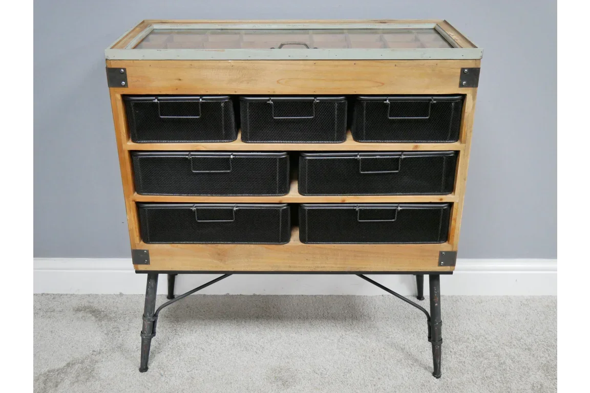 Industrial sideboard with glass top, wooden frame, and six black mesh storage drawers