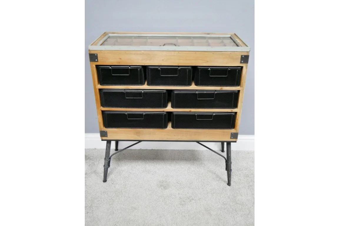 Industrial sideboard with wooden frame, six black mesh drawers, and metal legs on carpet