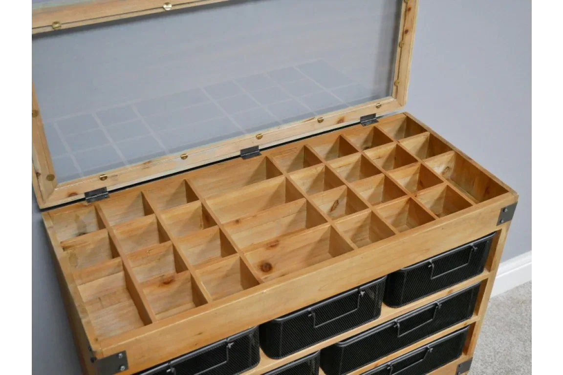 Wooden storage chest with glass lid and multiple divided compartments for organizing items