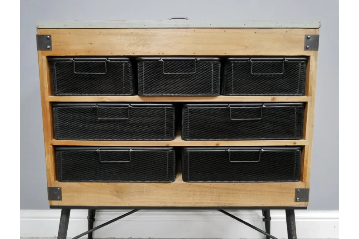 Industrial storage cabinet with black mesh metal drawers and wood frame on metal legs