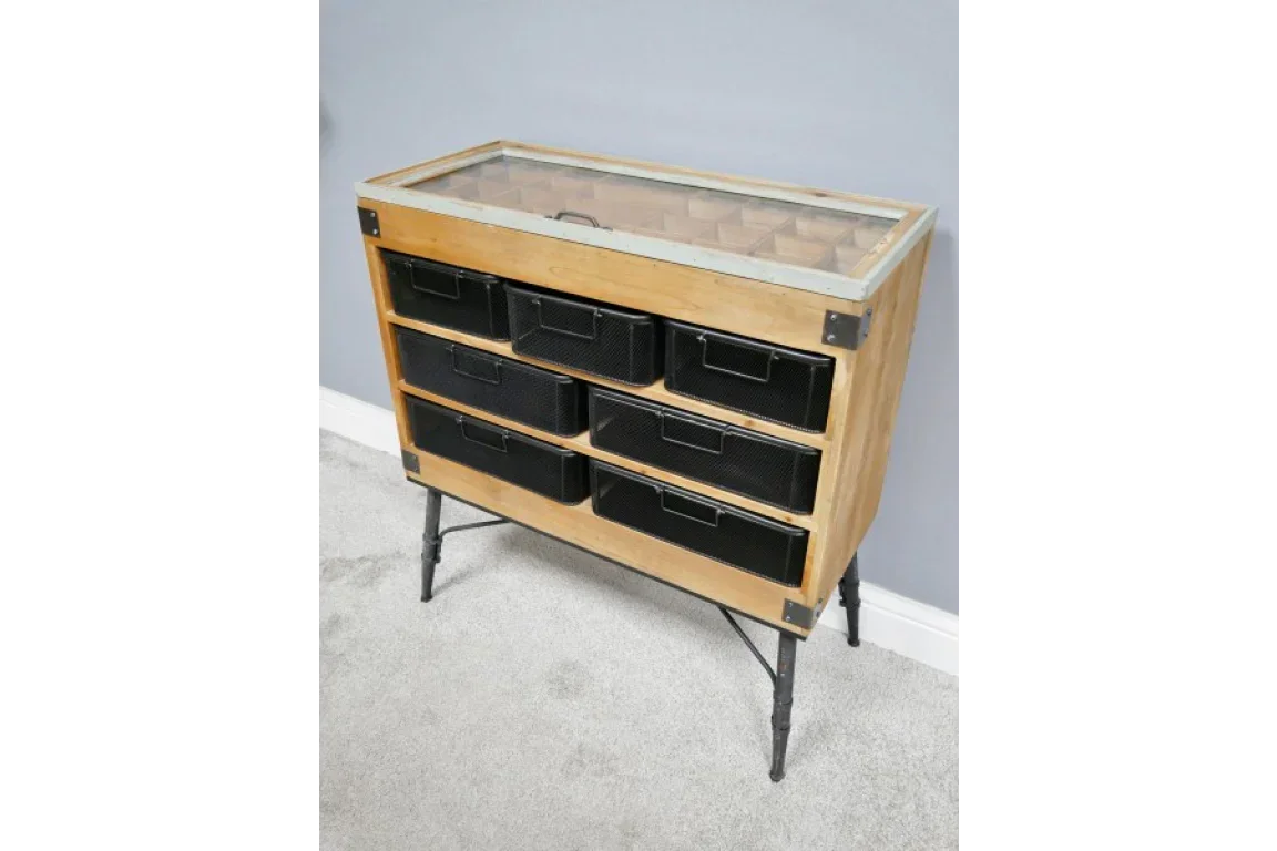 Industrial storage cabinet with wood frame, metal legs and six black mesh drawers