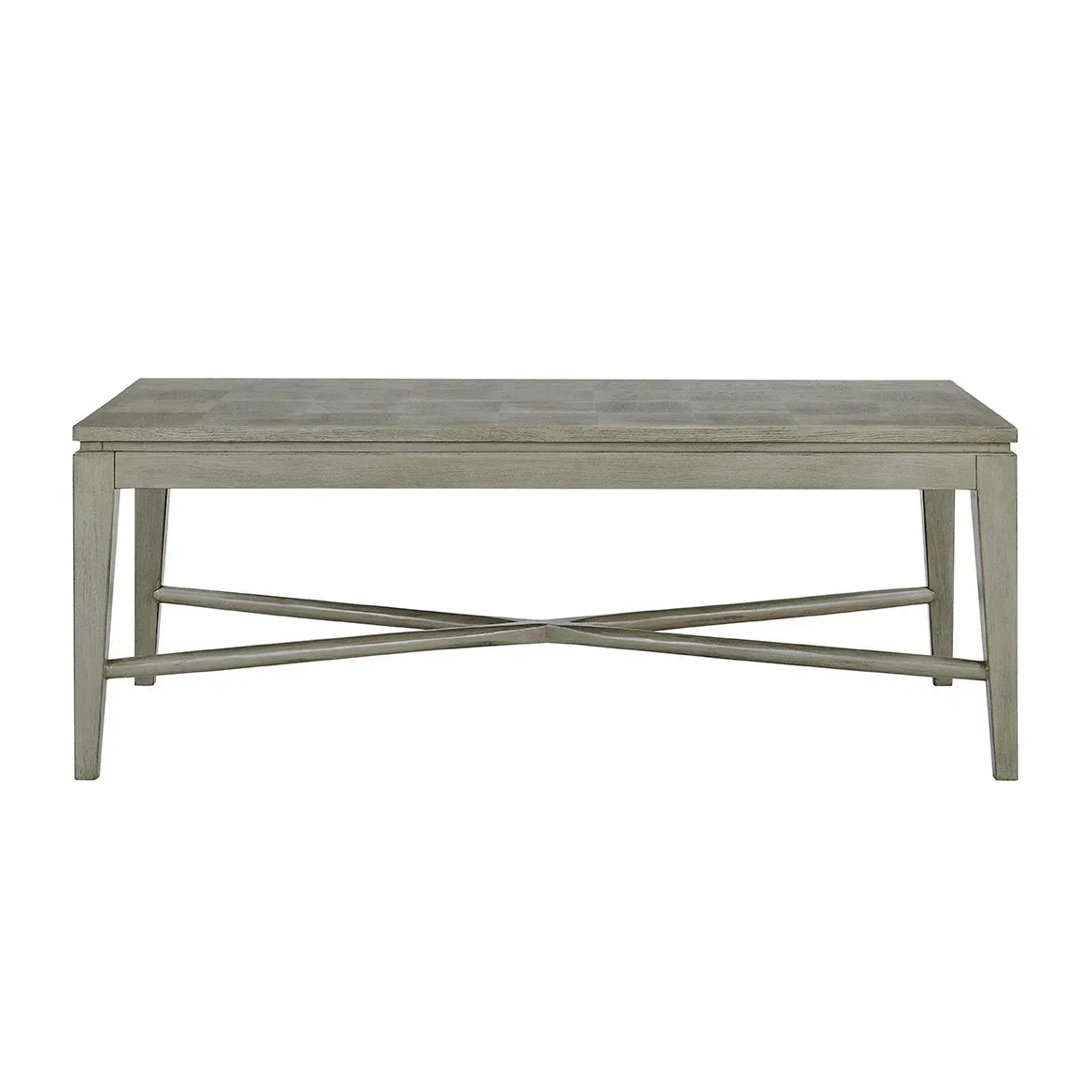 Rectangular wooden coffee table with cross-braced legs and light grey finish